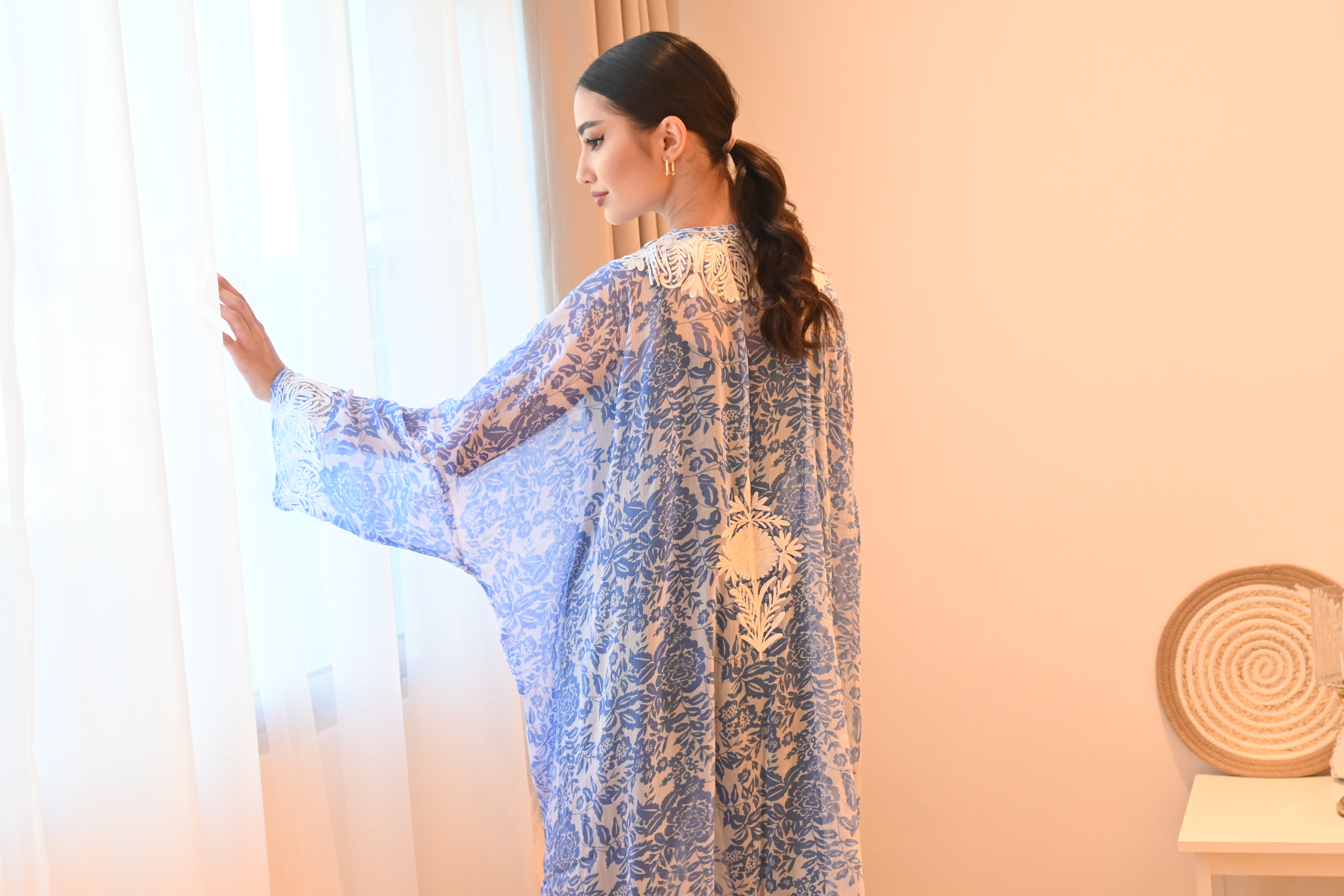 PF Embroidered Chiffon Kimono (Blue &amp; White)