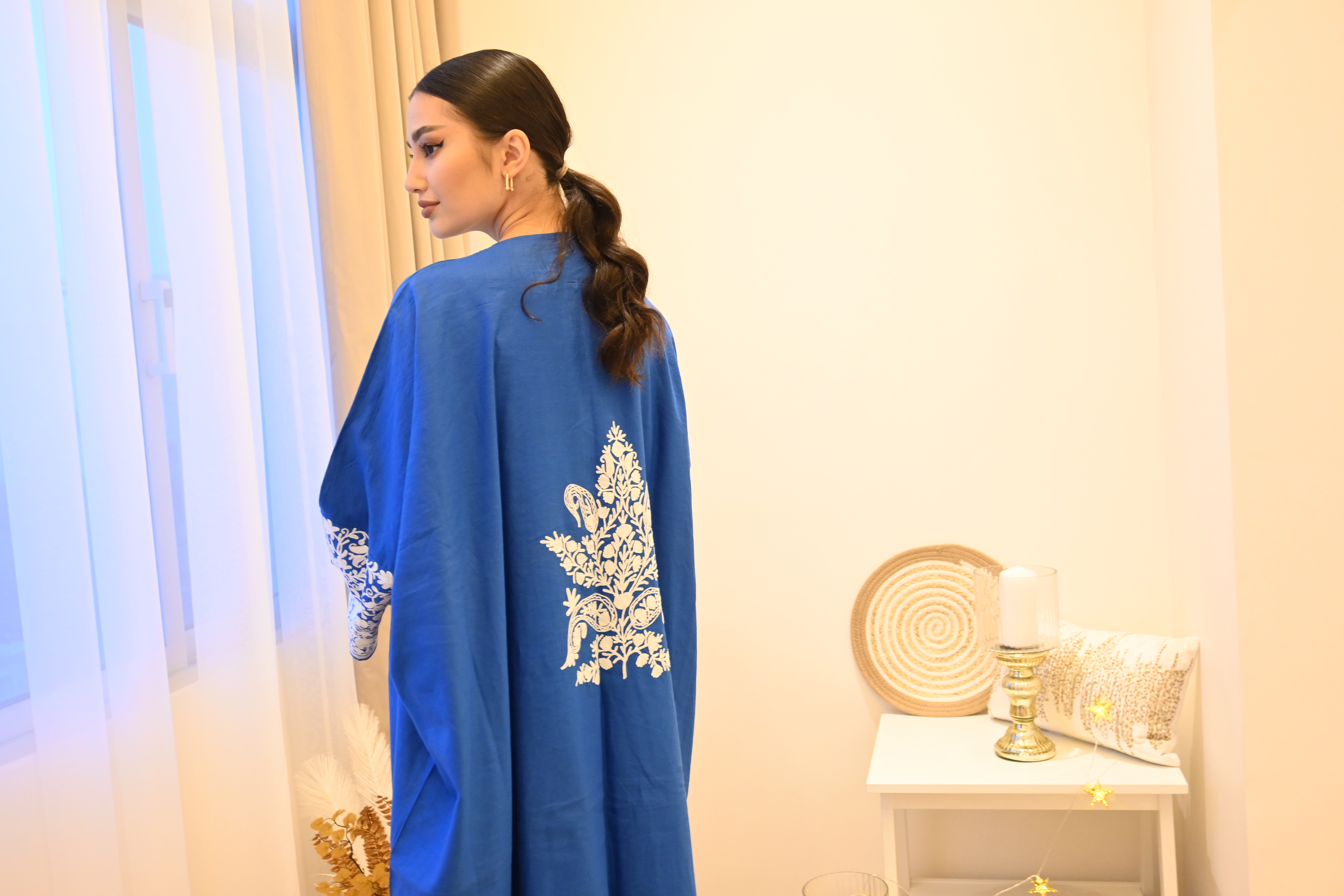 PF Embroidered Linen Abaya/Bisht ( Blue &amp; White)