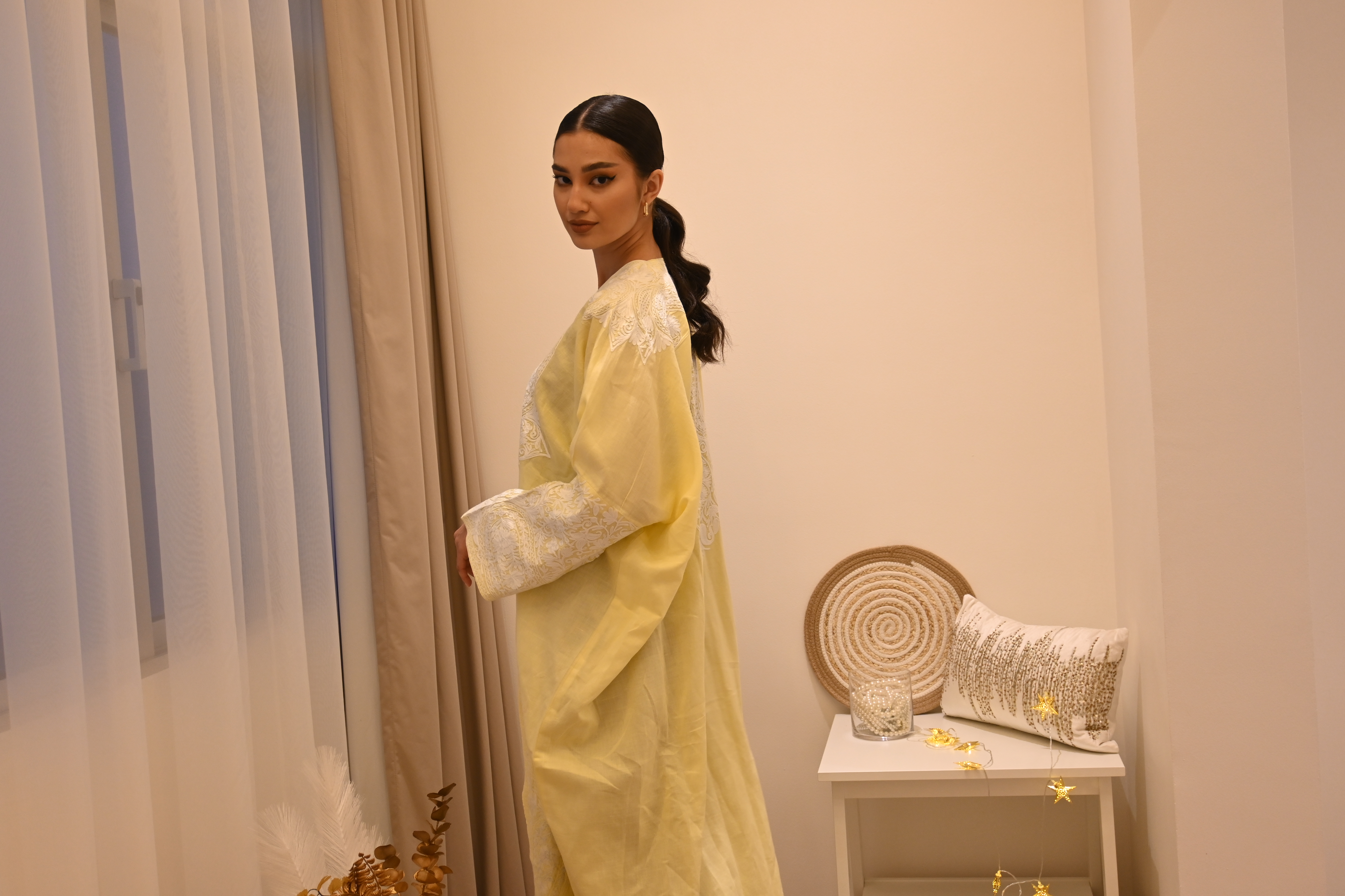PF Embroidered Linen Abaya/Bisht ( Yellow &amp; White)
