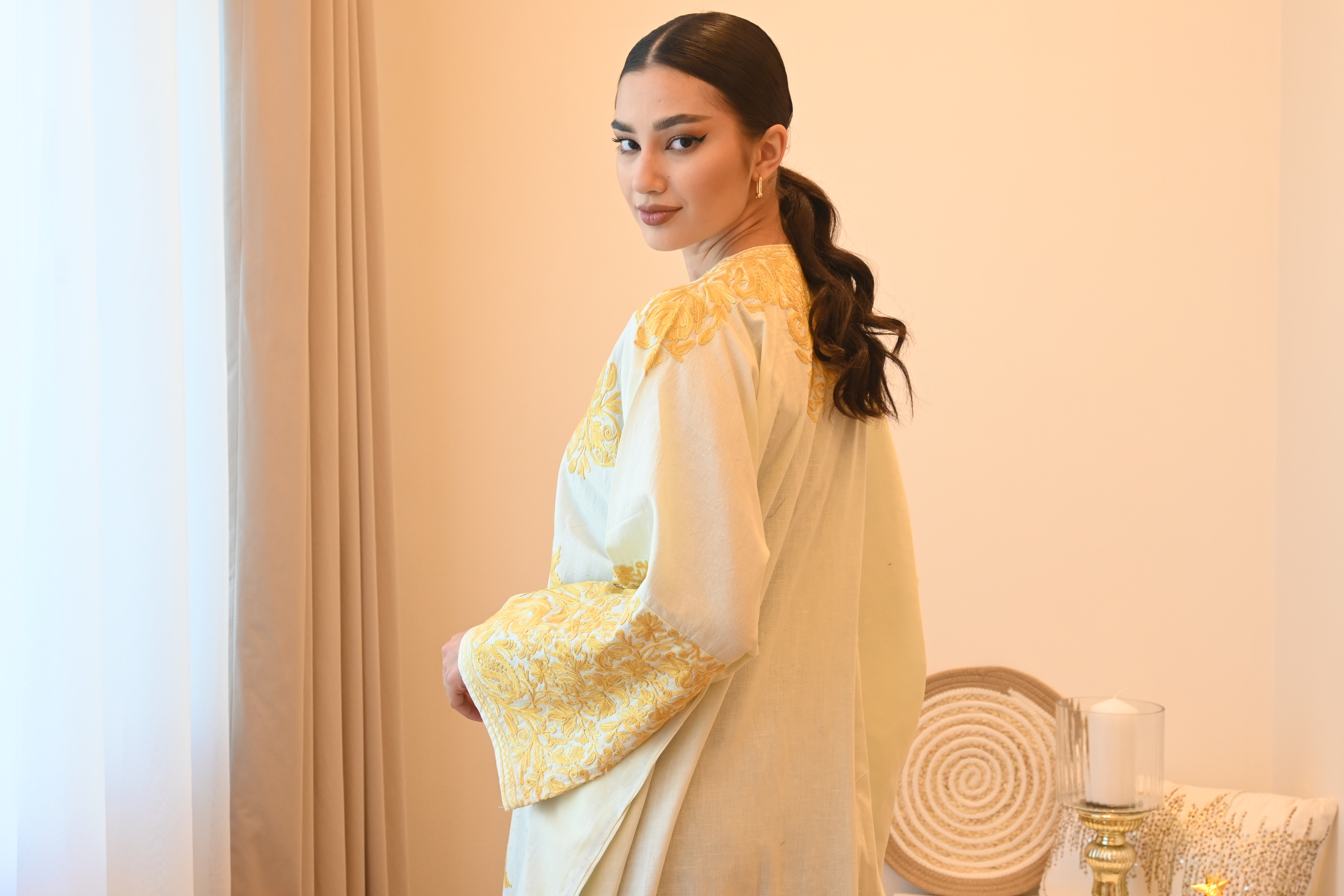 PF Embroidered Linen Abaya/Bisht (White &amp; Golden)