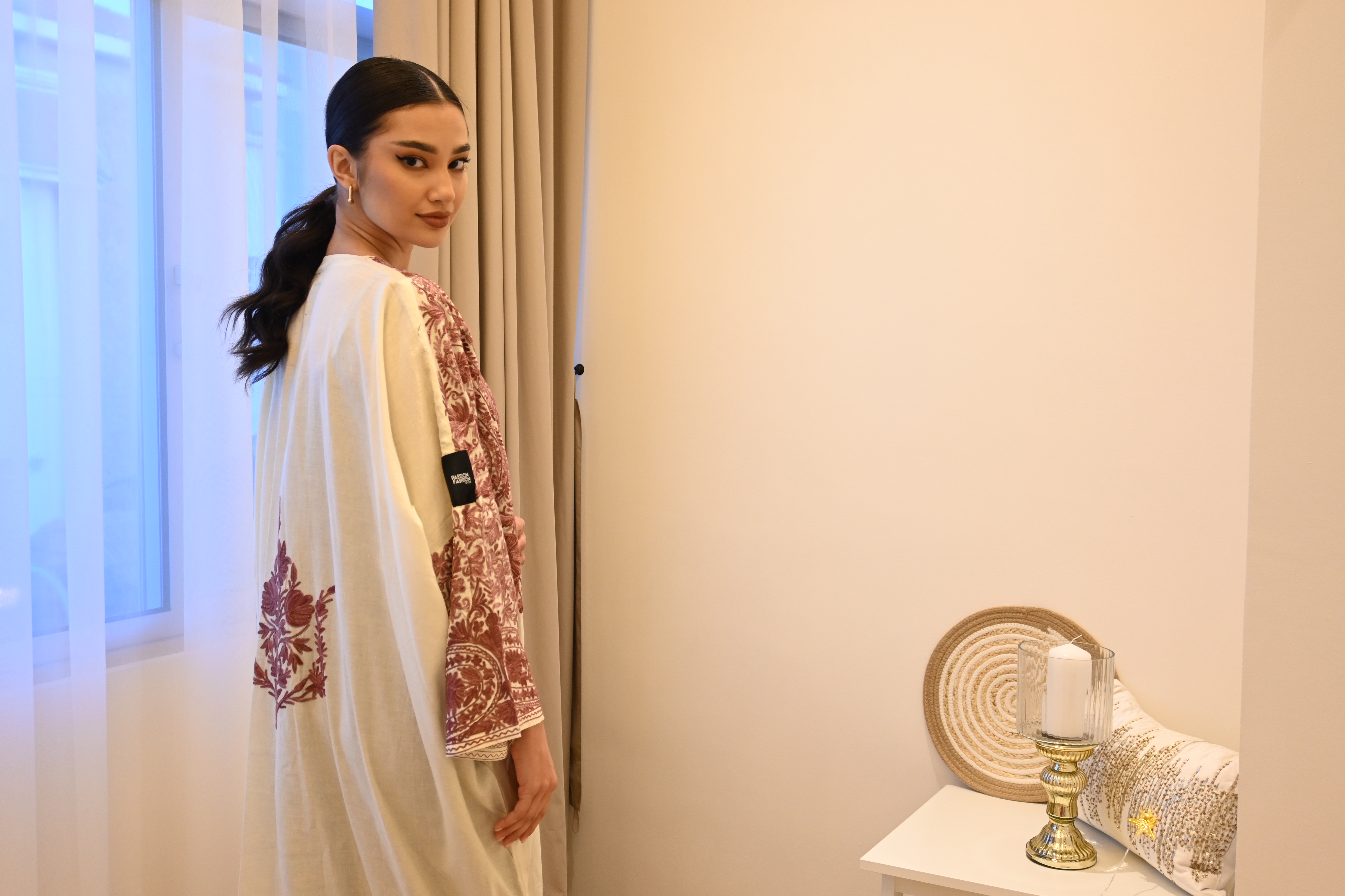 PF Embroidered Linen Abaya/Bisht (White &amp; Maroon)
