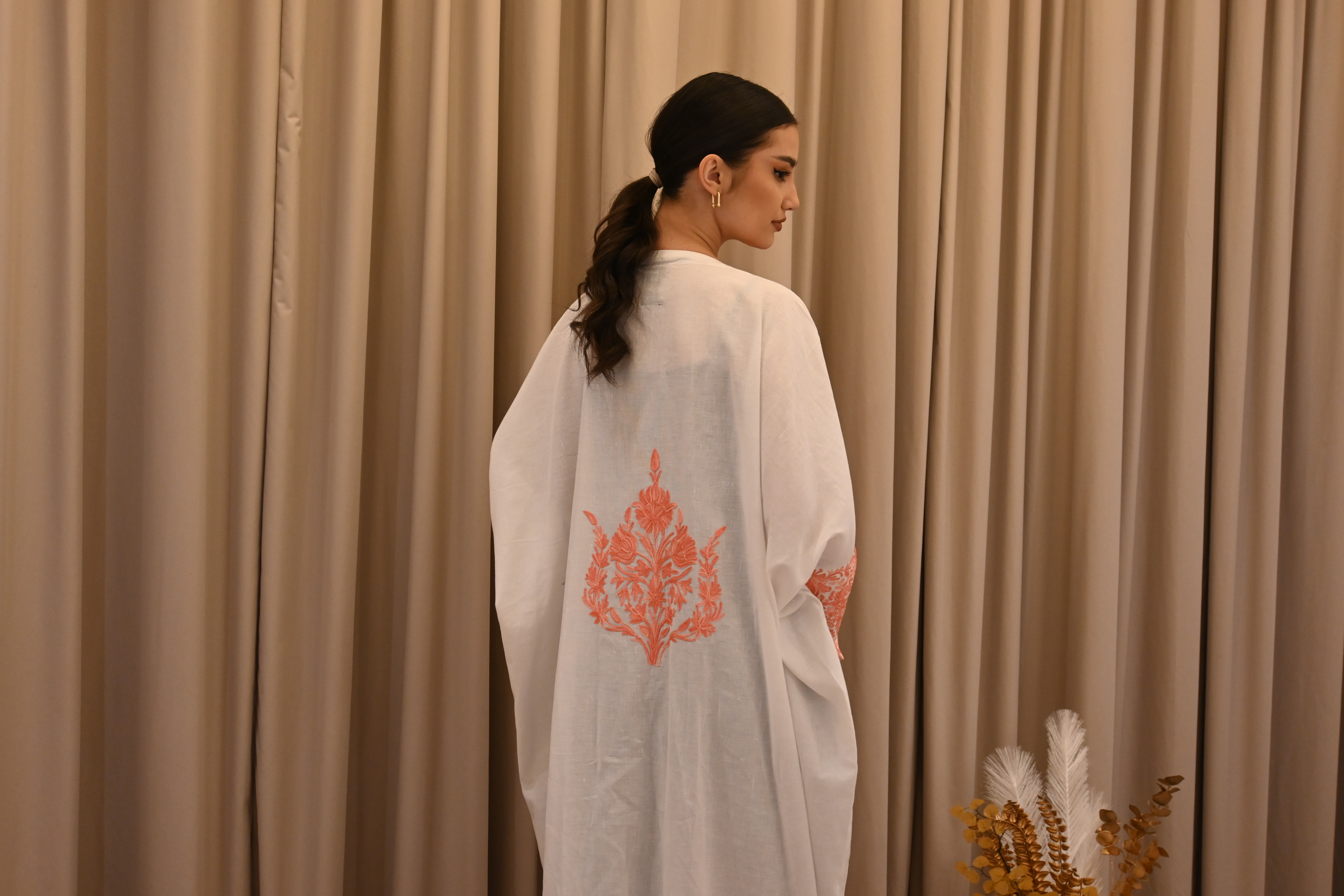 PF Embroidered Linen Abaya/Bisht (White &amp; Pink)