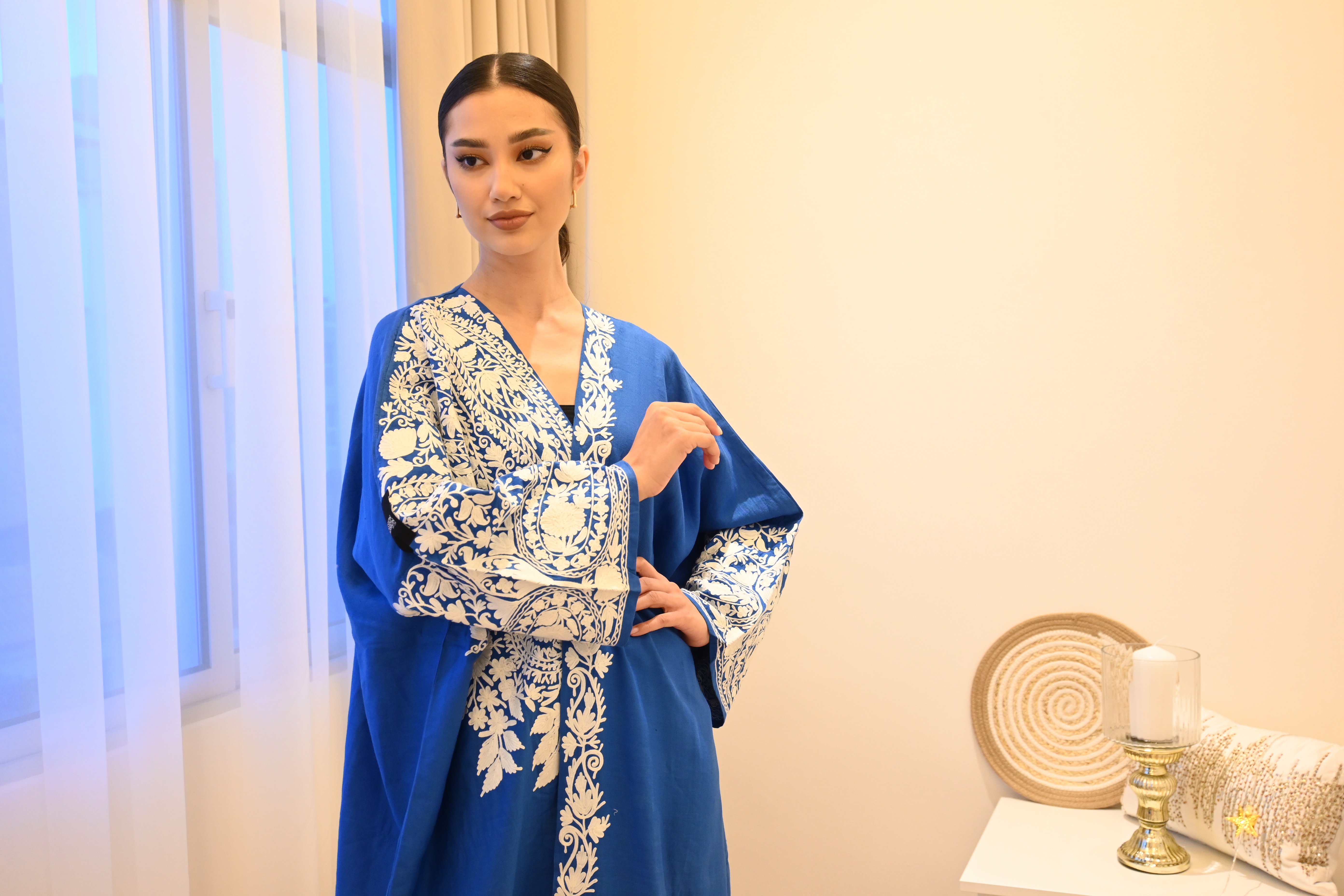 PF Embroidered Linen Abaya/Bisht ( Blue &amp; White)