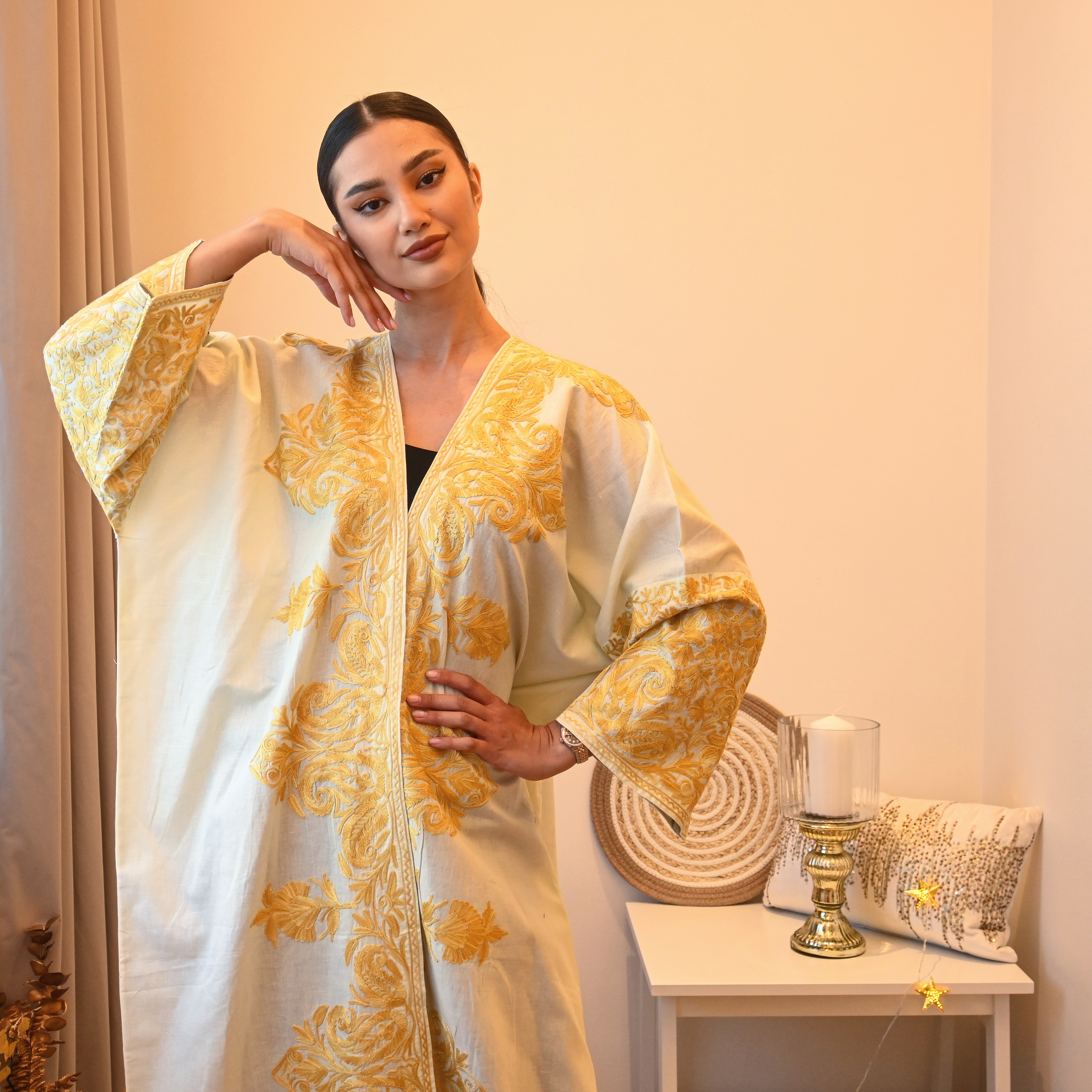 PF Embroidered Linen Abaya/Bisht (White &amp; Golden)